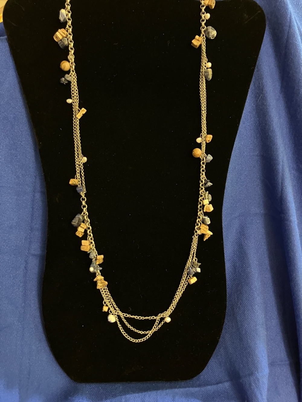Coldwater Creek Silver-Tone Layered Necklace with Blue and Brown Stone Chips